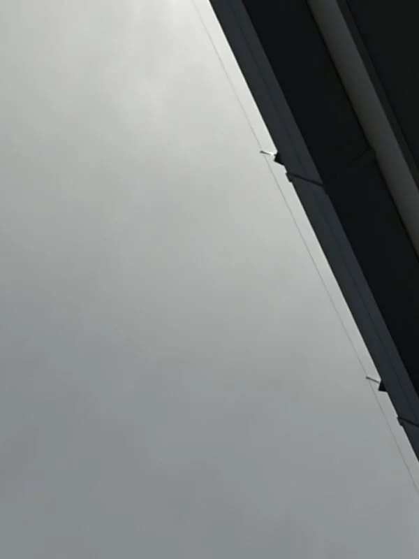 Part of a building with a sloped roof and a cloudy sky in the background. Showing bird spring and wire to stop birds.