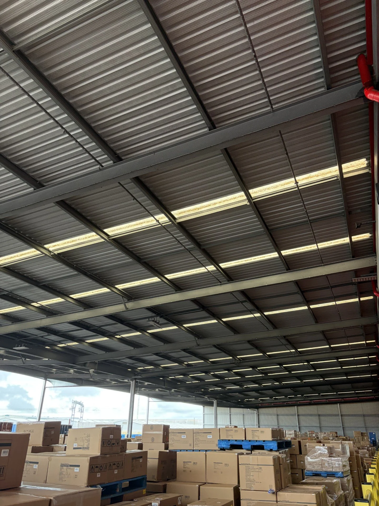 Interior of a warehouse with many stacked cardboard boxes on blue pallets, under a metal roof with fluorescent lighting.
