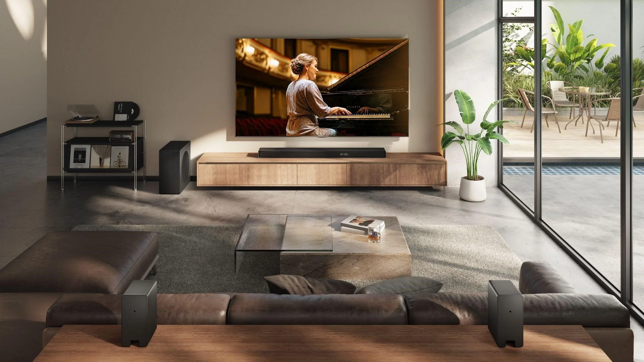 Professional TV installation in a modern living room with a custom home entertainment system