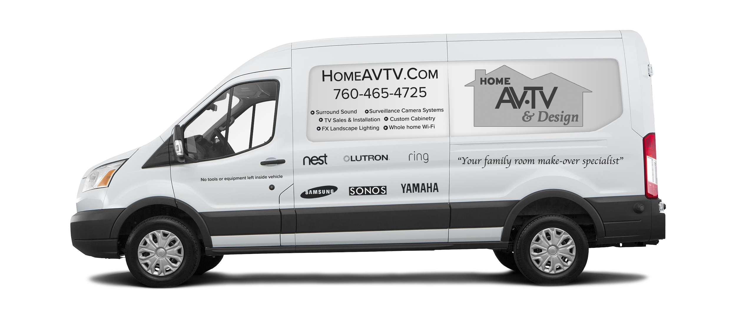 A white service van with various business and brand logos and contact information, promoting Home AV TV & Design.