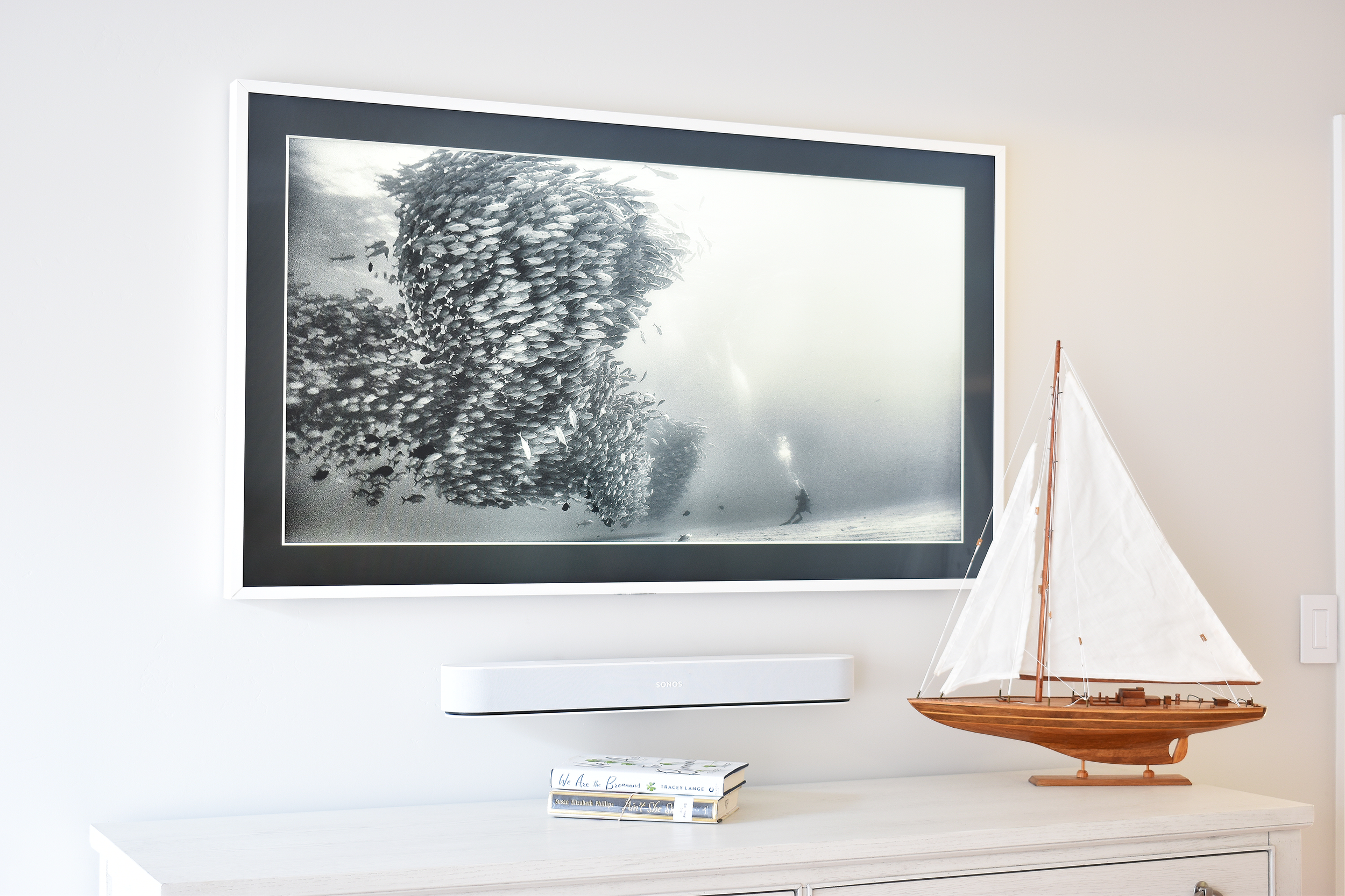 This a home in San Marcos featuring a Samsung Frame TV & SONOS soundbar.  Robust sound & TV without looking like the typical "black" TV over the dresser.