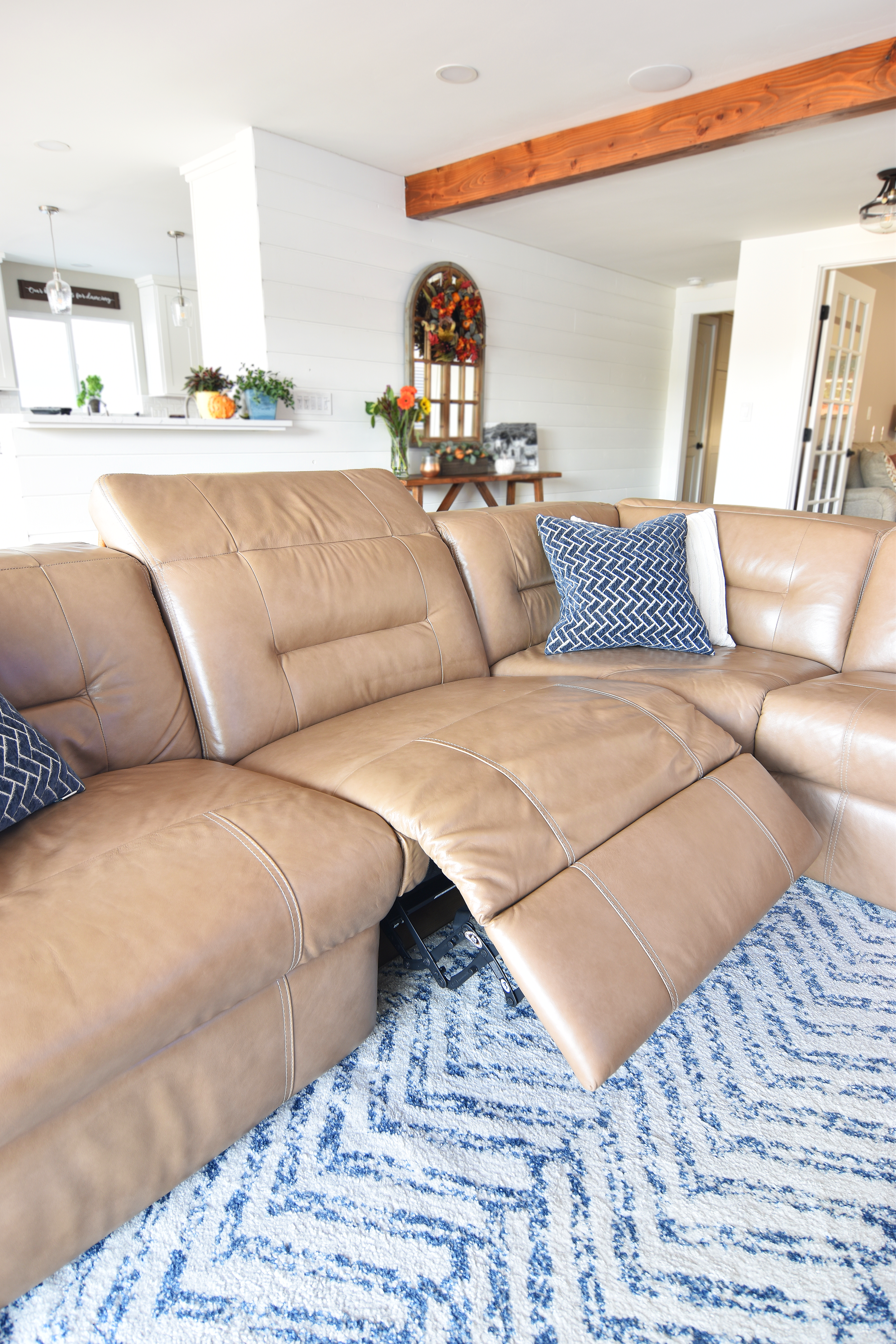 Power reclining sectional in top gran leather completed the look of the remodeled room in San Marcos