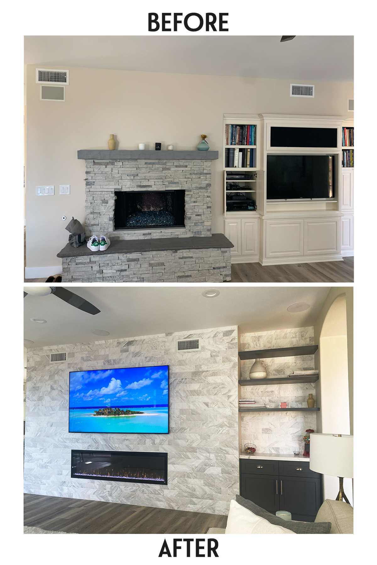 This is a Great Room before and after system in Carlsbad featuring a porcelain clad tile bump out for a electric linear fireplace with flanking walnut cabinets.  Flush mount speakers with the right front grill removed so you can see it.  Equipment hi