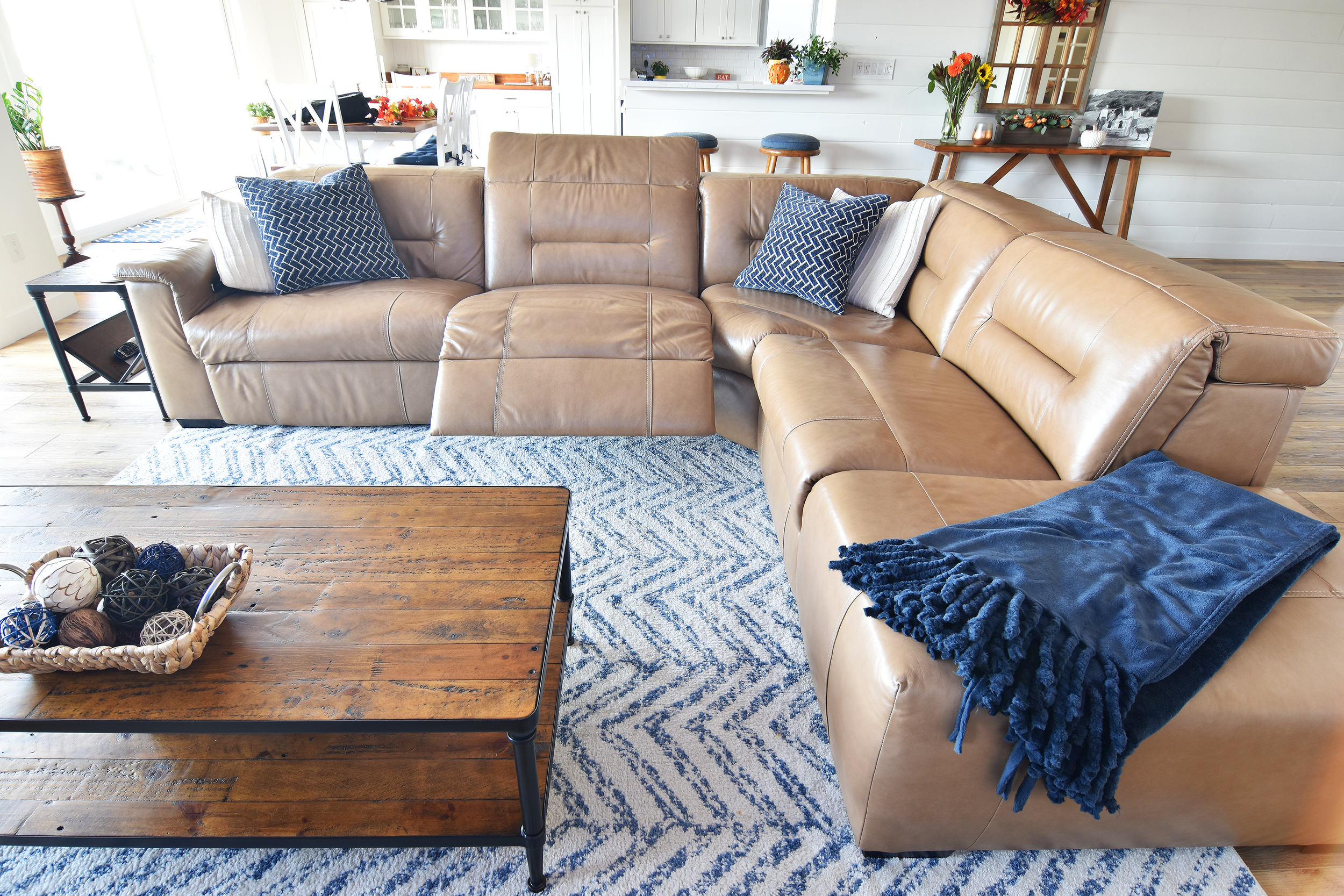 Power reclining sectional in top gran leather completed the look of the remodeled room in San Marcos