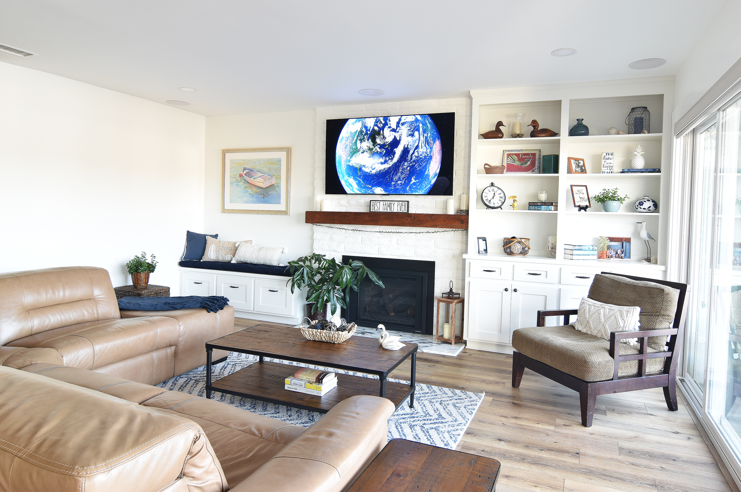 This remodeled home in Lake San Marcos has a Lakehouse/Farmhouse vibe with hidden equipment in the closet, flush mount in ceiling speakers. Proving you can have a robust system for listening to music and watching TV without overpowering the room with
