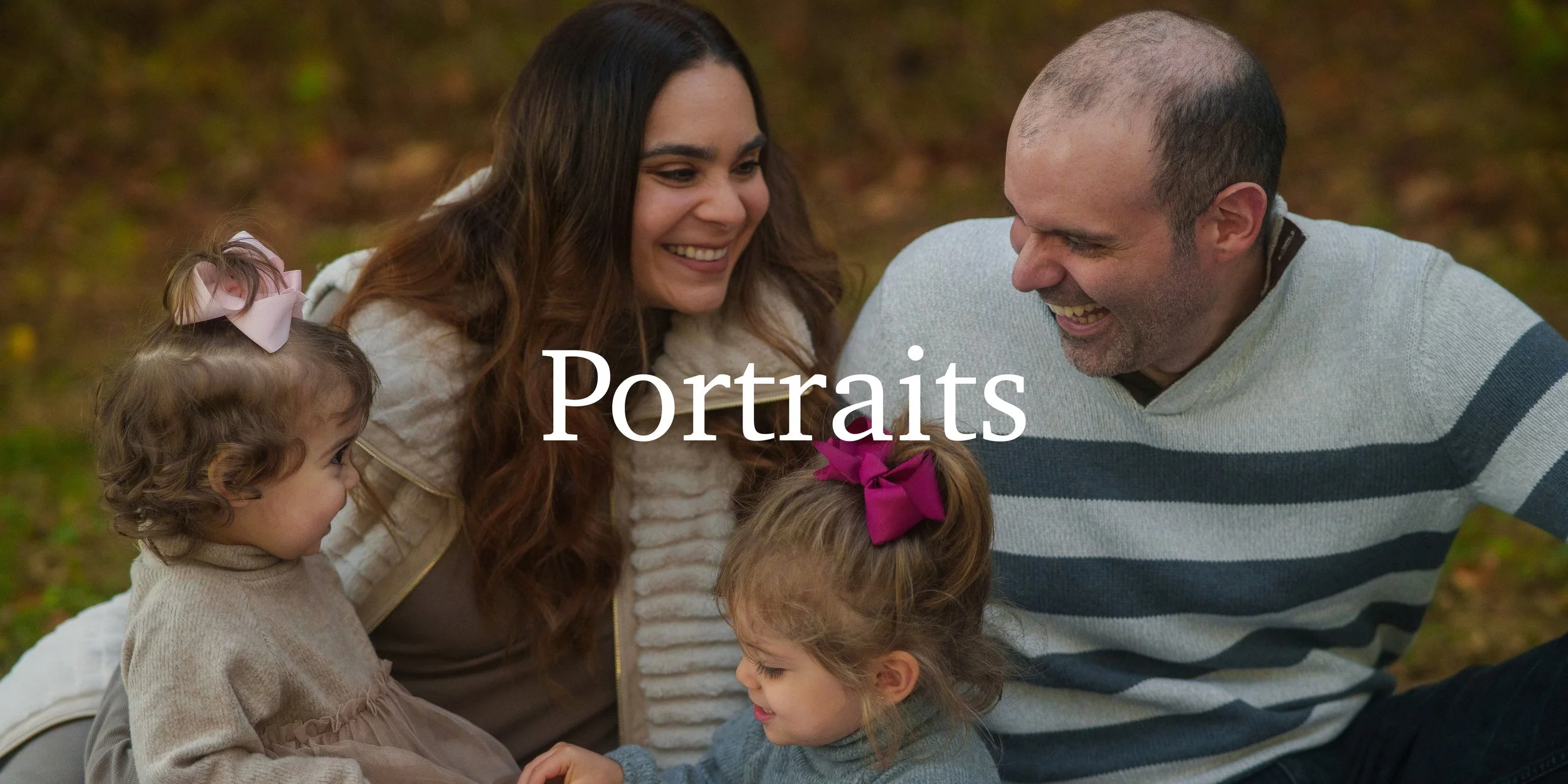 A family of two adults and three children smiling and interacting outdoors in a wooded area, with the word 'Portrayals' overlaid.