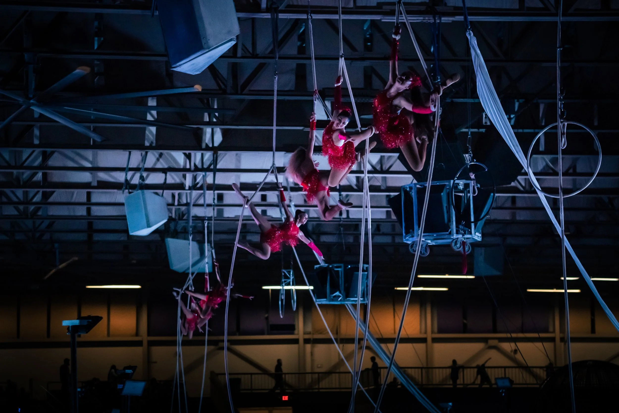 Group of acrobats performing on aerial silks and trapeze in a dark indoor arena, wearing red costumes with sparkles, illuminated by stage lights.