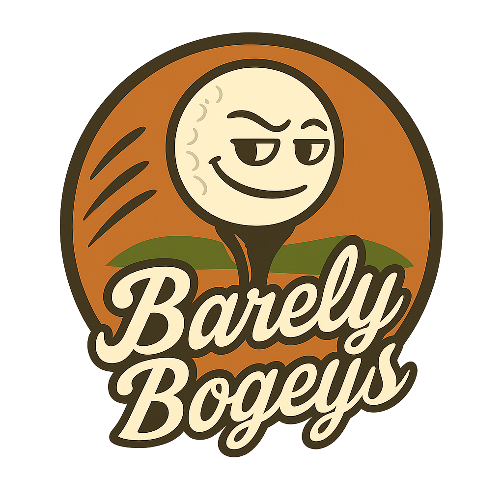 A cartoon-style logo with a smiling moon character with a mischievous expression, over a background of orange and green, with the text "Barely Bogus" in bold, stylized font.