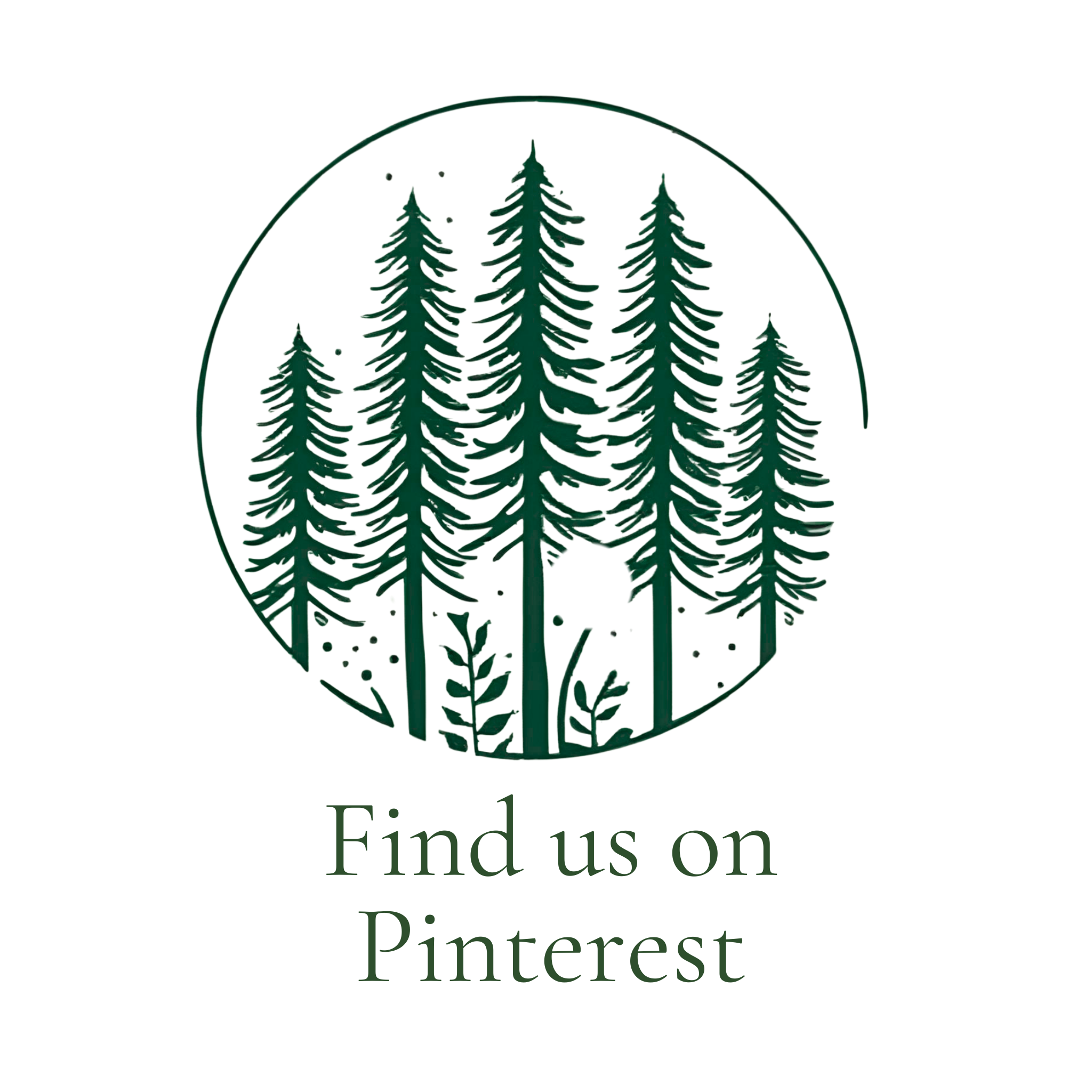 Illustration of pine trees inside a circular frame with the text "Find us on Pinterest" below.