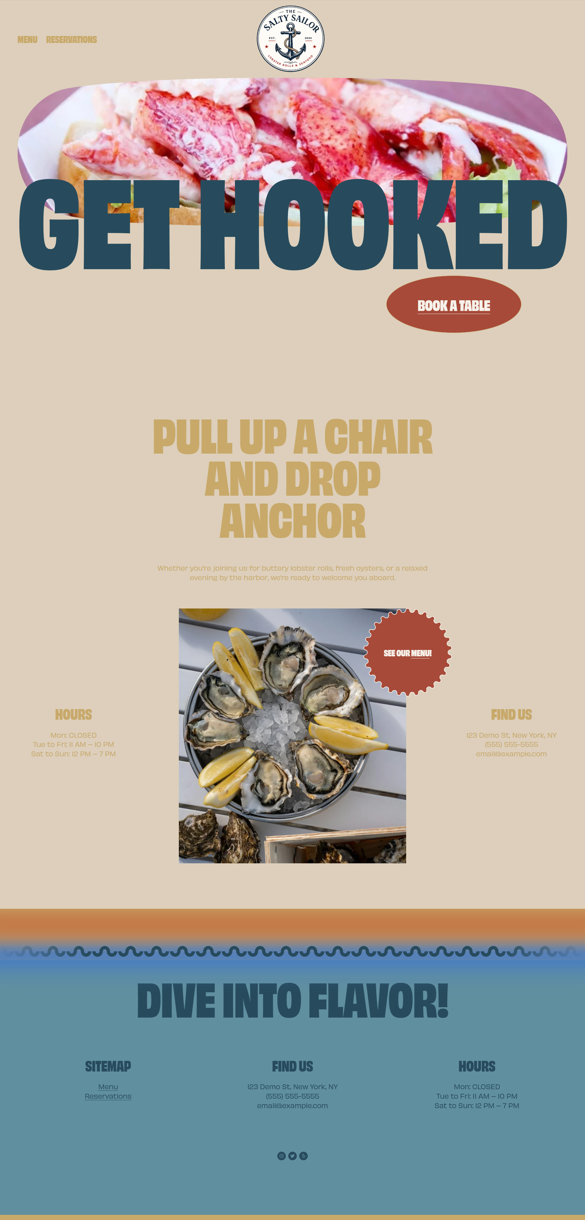 Website homepage for 'Salty Sailor' seafood restaurant featuring oyster platter with lemon wedges, large seafood image of lobster rolls with white sauce, and bold text promoting the restaurant with contact and hours information.