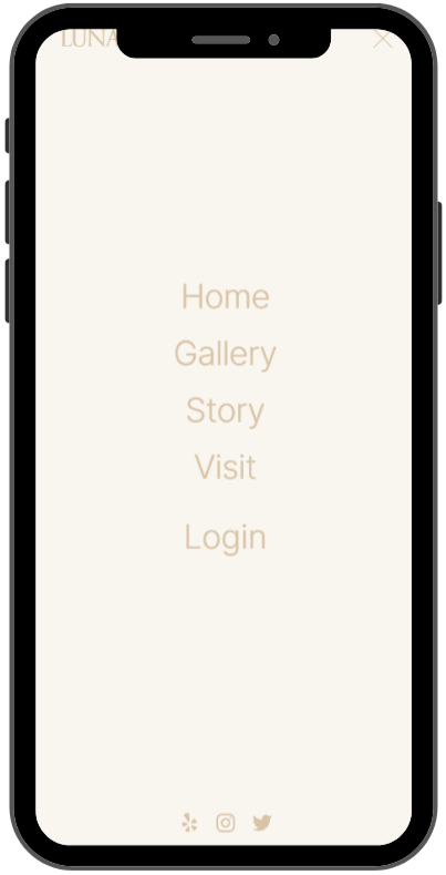 Mobile phone screen showing a menu with options: Home, Gallery, Story, Visit, Login, and icons for a flower, Instagram, and Twitter at the bottom.