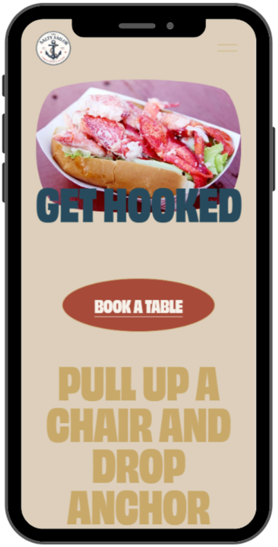A mobile phone screen displaying a seafood restaurant app with a lobster roll image, 'Get Hooked' slogan, a 'Book a Table' button, and instructions to pull up a chair and drop anchor.