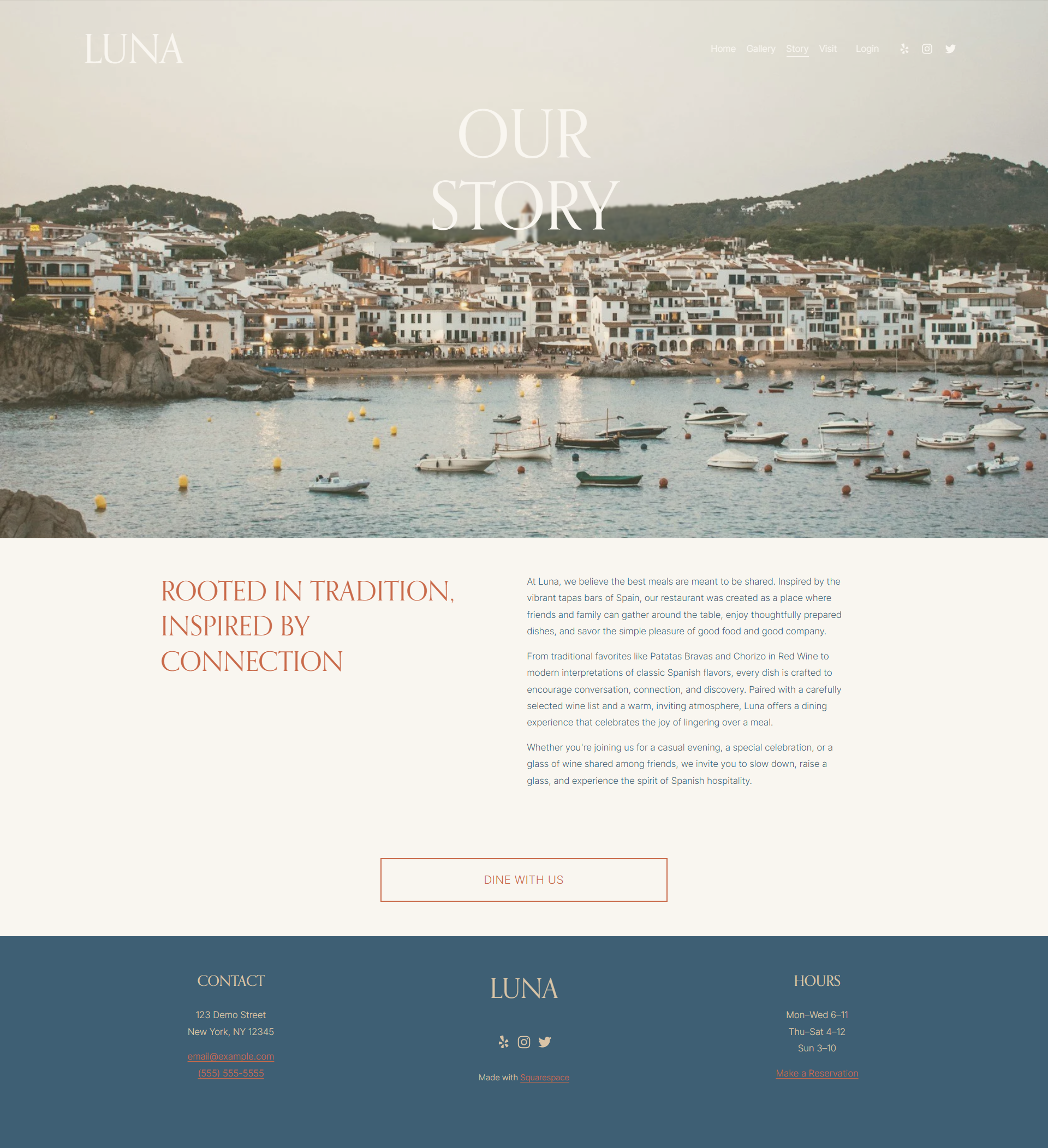 Screenshot of a website homepage for Luna restaurant, featuring a panoramic view of a coastal city with white buildings and boats in the water, and text about the restaurant's story and contact information.
