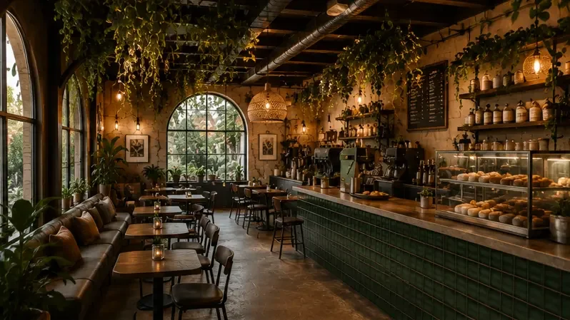 Interior of a cozy coffee shop with a long counter, display of baked goods, baristas at work, and seating area with tables, chairs, and plants, illuminated by hanging light fixtures.