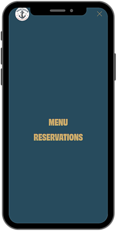 Smartphone screen displaying a mobile app with a dark background, featuring the words 'MENU' and 'RESERVATIONS' in bold, yellow text, and an anchor logo in the top left corner.