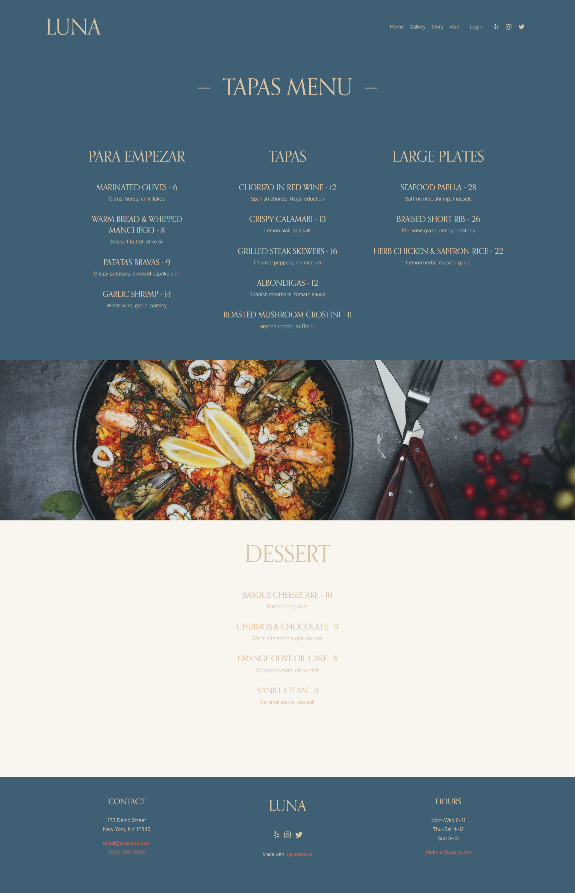 A webpage for Luna restaurant featuring a tapas menu and a section of a colorful seafood paella dish with shrimp, mussels, lemon wedges, and herbs.