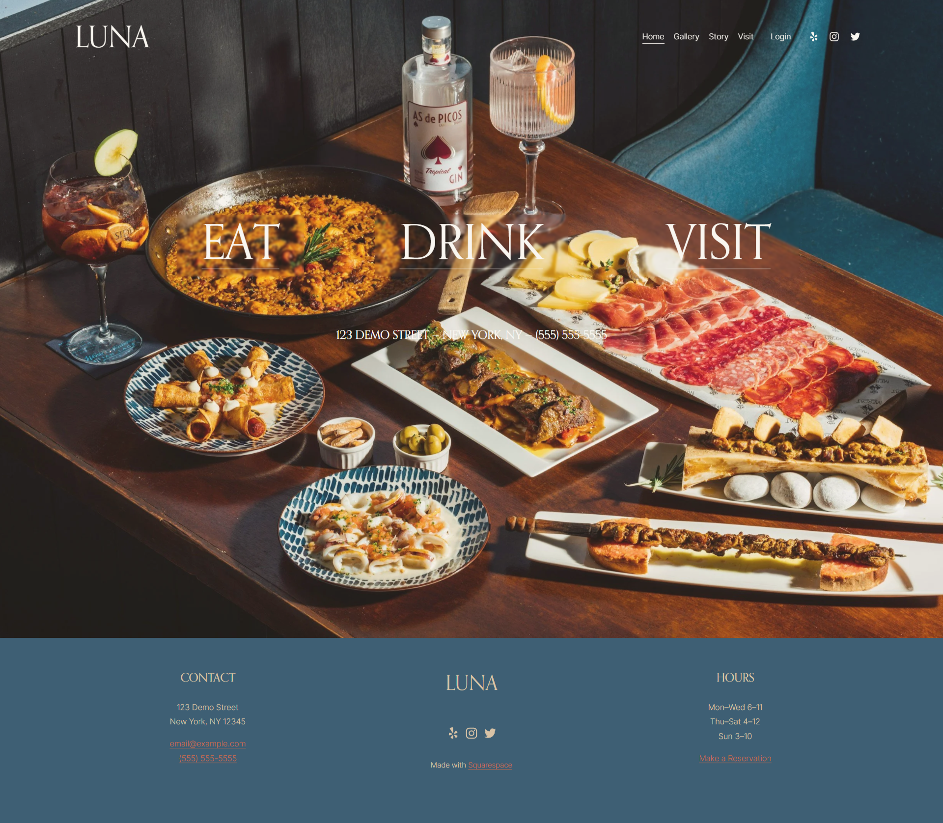 A restaurant website homepage for Luna featuring a table of food and drinks including a charcuterie board with various cheeses and meats, a skillet of paella, a glass of pink cocktail, a small plate of rolled appetizers, and a bottle of gin. The website menu includes 'Home,' 'Gallery,' 'Story,' 'Visit,' and social media icons.