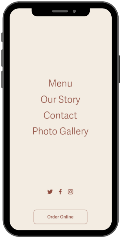 Mobile phone displaying a menu with options: Menu, Our Story, Contact, Photo Gallery, social media icons (Twitter, Facebook, Instagram), and an 'Order Online' button at the bottom.