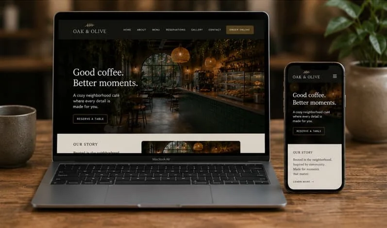 Laptop and smartphone displaying a cafe website called "Oak & Olive" with a cozy, well-lit interior and a button to reserve a table, set on a wooden table surrounded by potted plants.