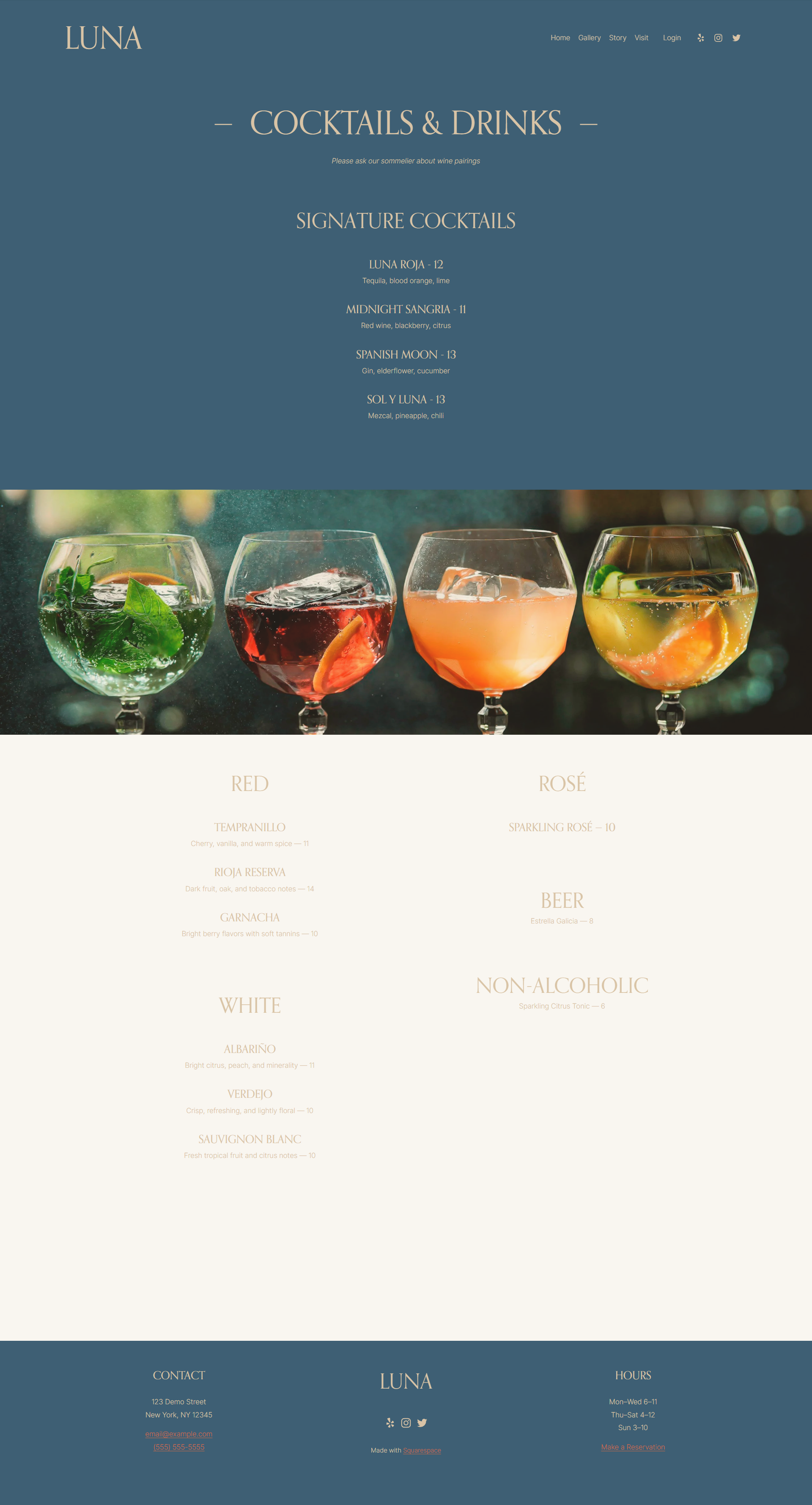Website menu for Luna featuring cocktails and drinks, with a background image of four colorful cocktails with ice and garnishes.
