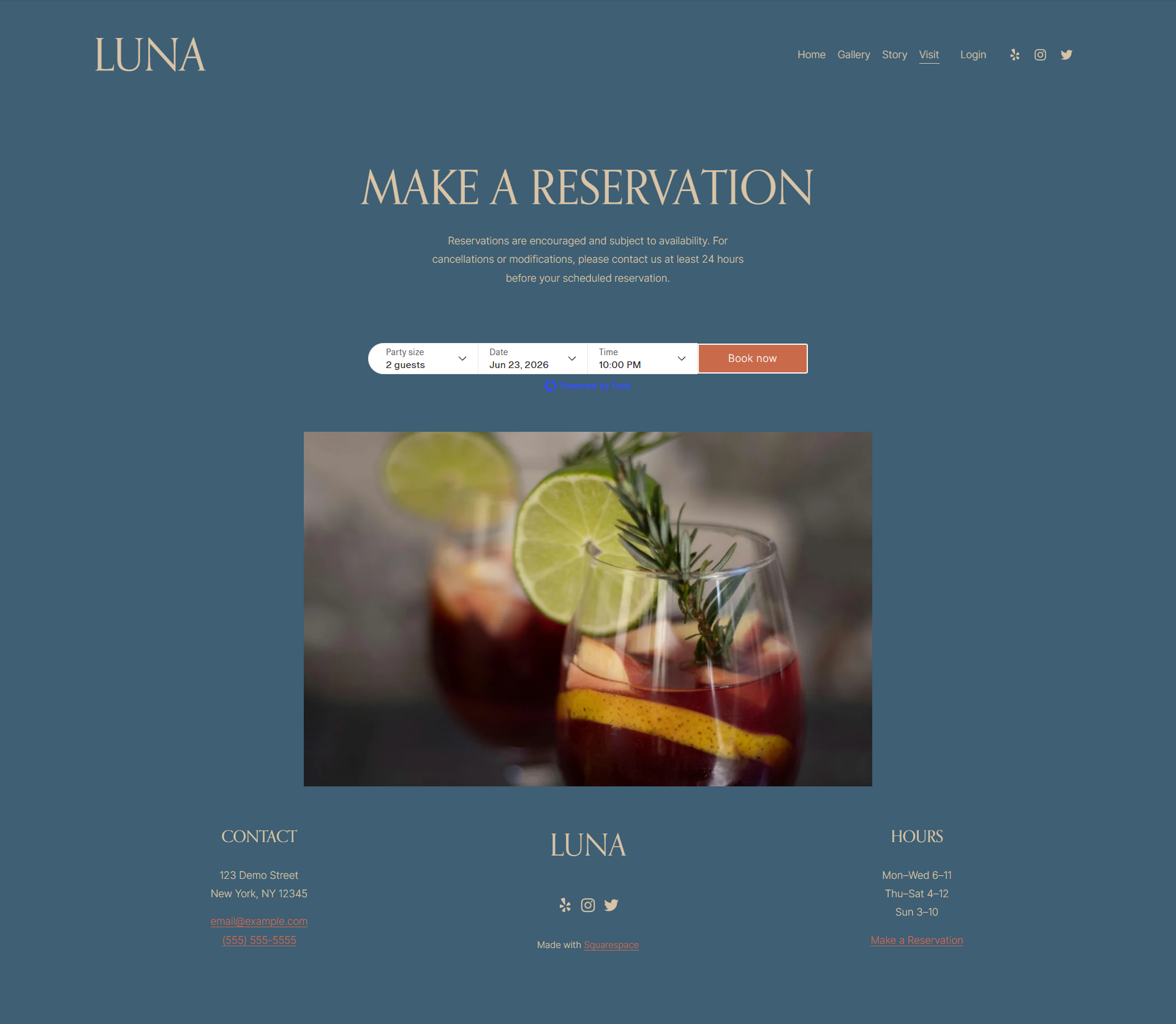 A website homepage for LUNA restaurant with a large heading that says "Make a Reservation," a reservation form, and a background image of glasses with lime slices and herbs.