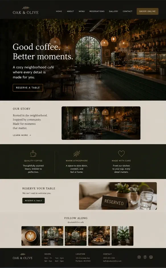 A cozy neighborhood café interior with warm lighting, dark wood furniture, and a large window showing outdoor greenery. The counter displays baked goods, and the website promotes reservations and coffee.