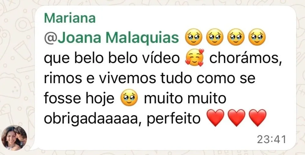 Feedback de casal de noivos ao trabalho da Joana Malaquias wedding video através de mensagem de whatsapp