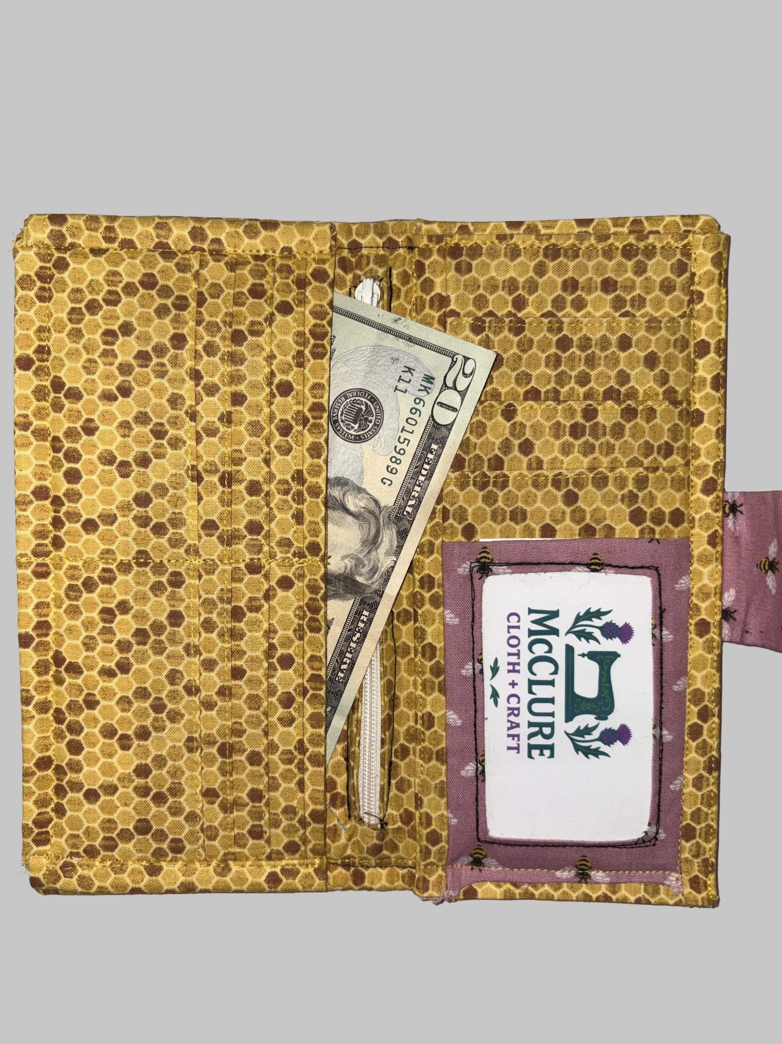 Bee and Honeycomb Wallet- customize with 8 additional card slots OR additional zipper pocket