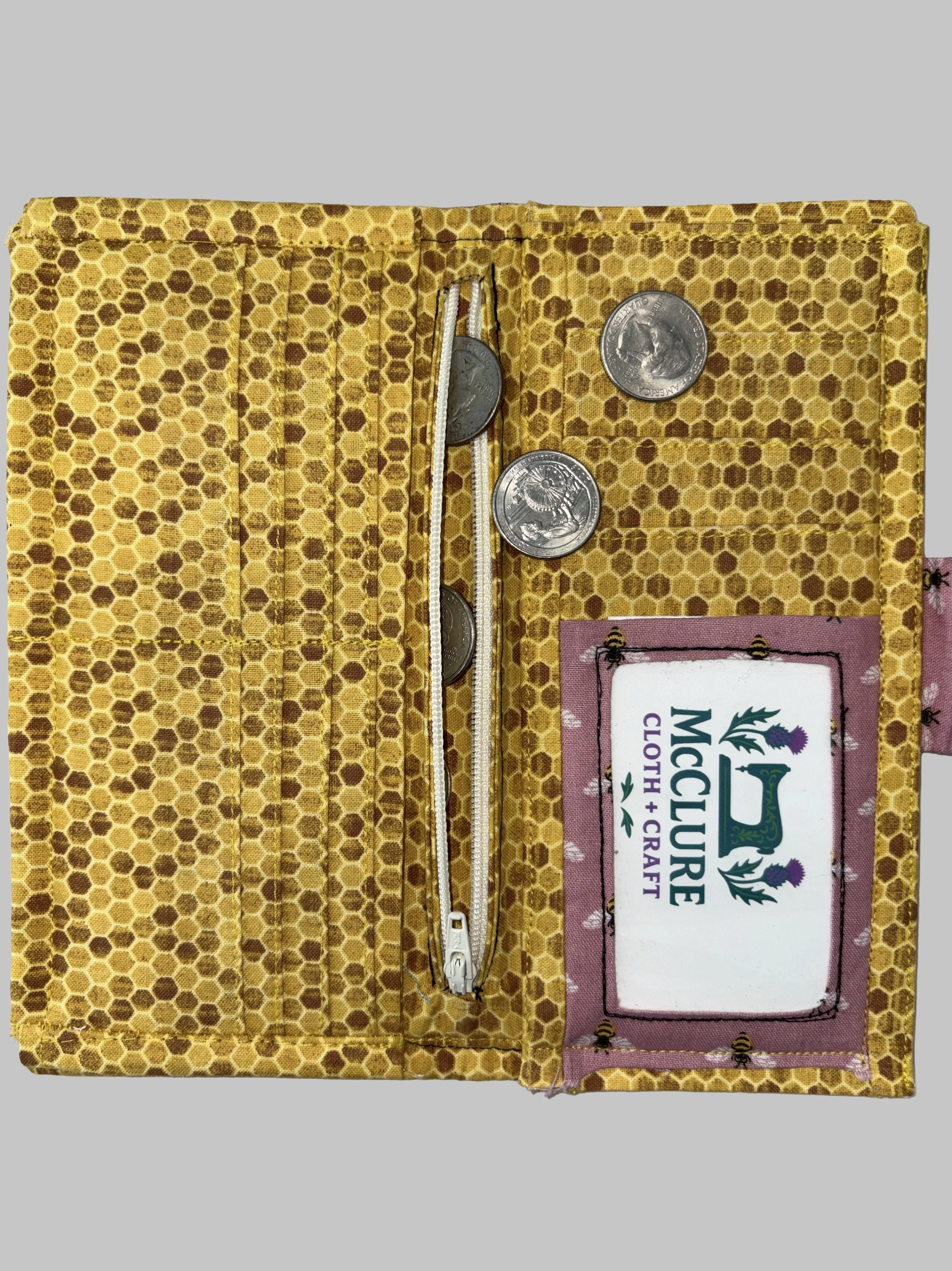 Bee and Honeycomb Wallet- coin pocket with zipper