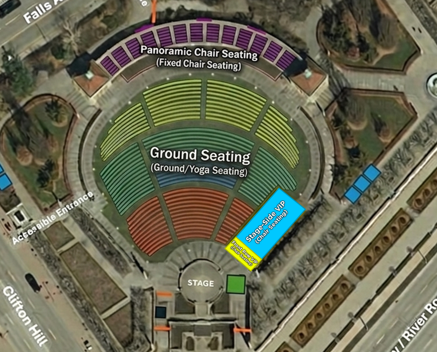 A seating chart for an outdoor venue with labeled sections including ground/yoga seating, panoramic chair seating, and stage VIP seating. The stage is central with surrounding seating areas, and pathways lead to accessible entrances.