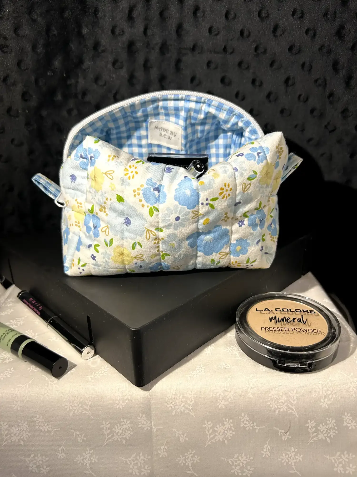 blue medium floral makeup bag