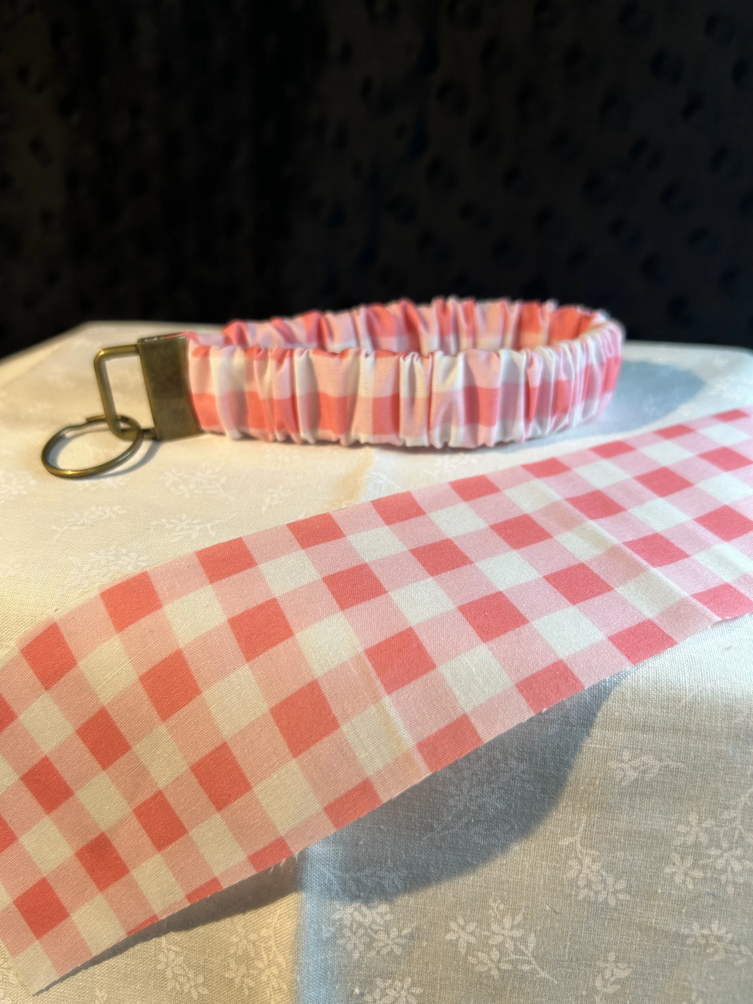 pink and white gingham scrunchie keyfob.webp