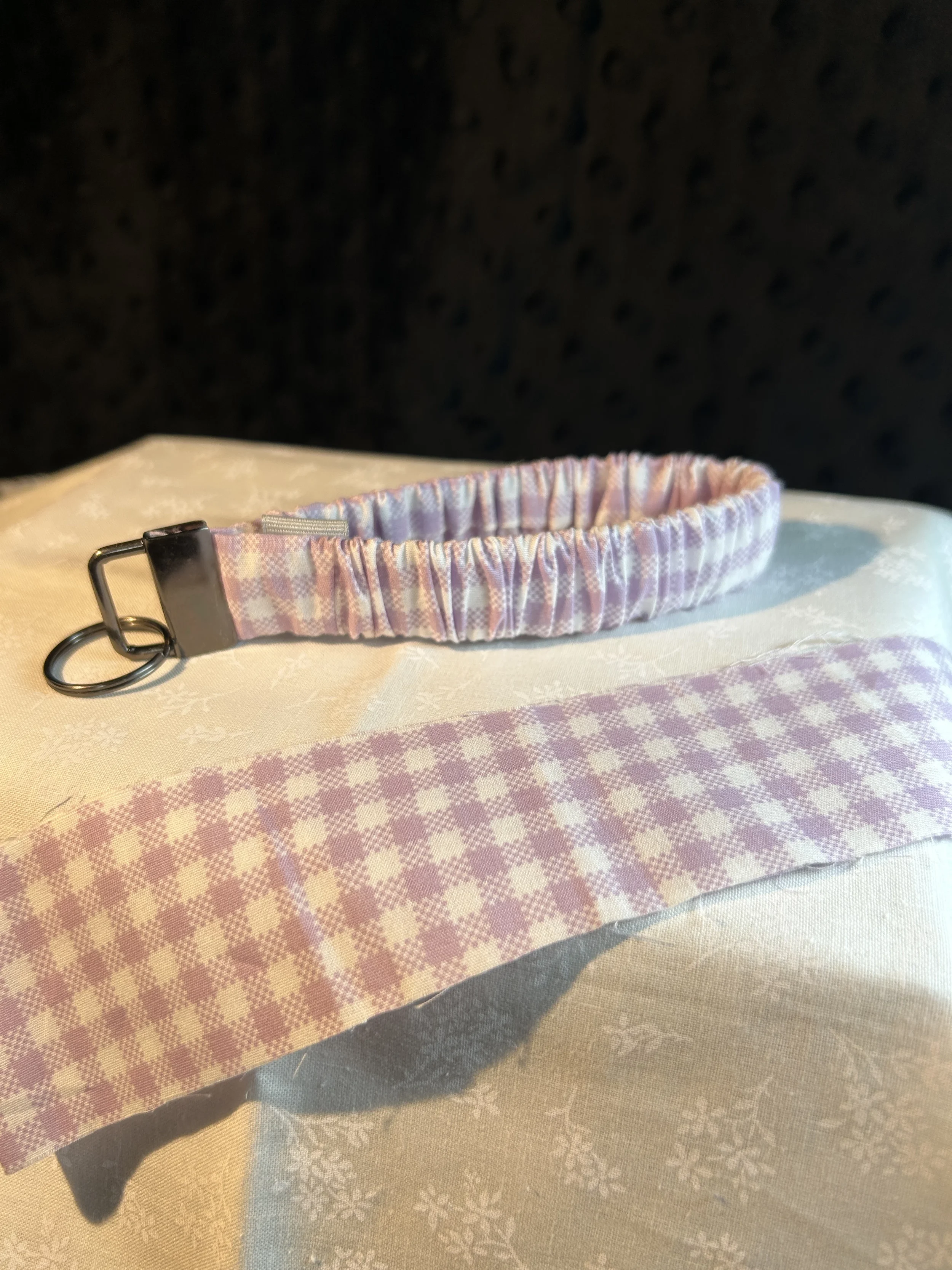 lavender gingham scrunchie keyfob.webp