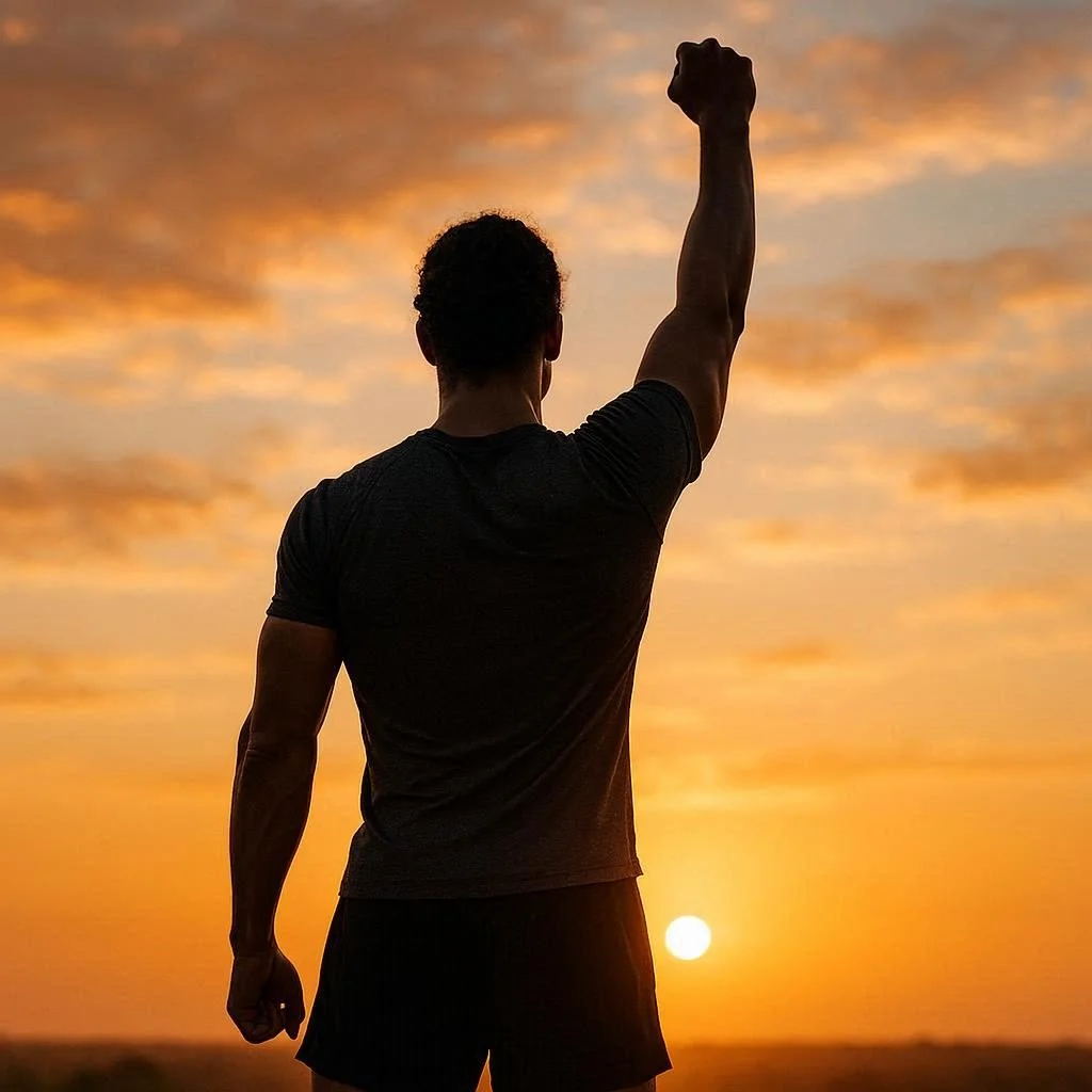Silhouette of a man with a raised fist at sunset.