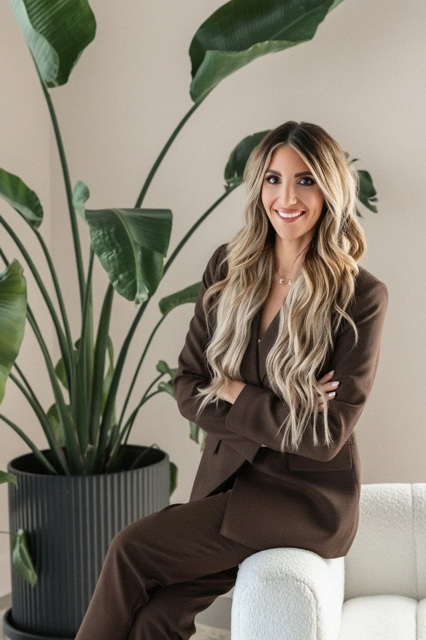 A woman with long, wavy blonde hair sits on a white couch, smiling, wearing a brown suit in front of a large green potted plant with broad leaves.