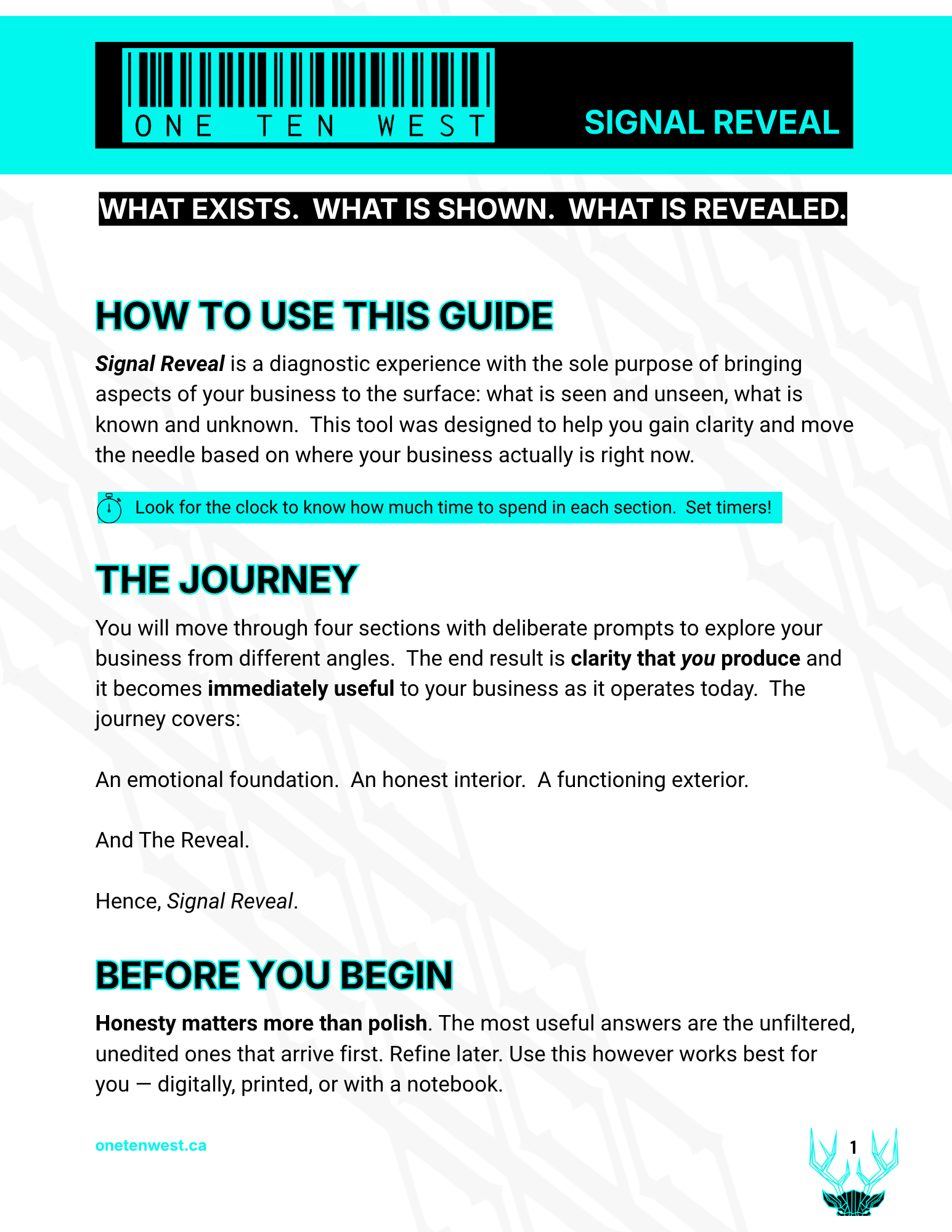 Guide page titled 'Signal Reveal' with sections labeled 'How to Use This Guide', 'The Journey', and 'Before You Begin', featuring a barcode, a hairline crack pattern in the background, and a small turquoise deer's skull illustration at the bottom right.