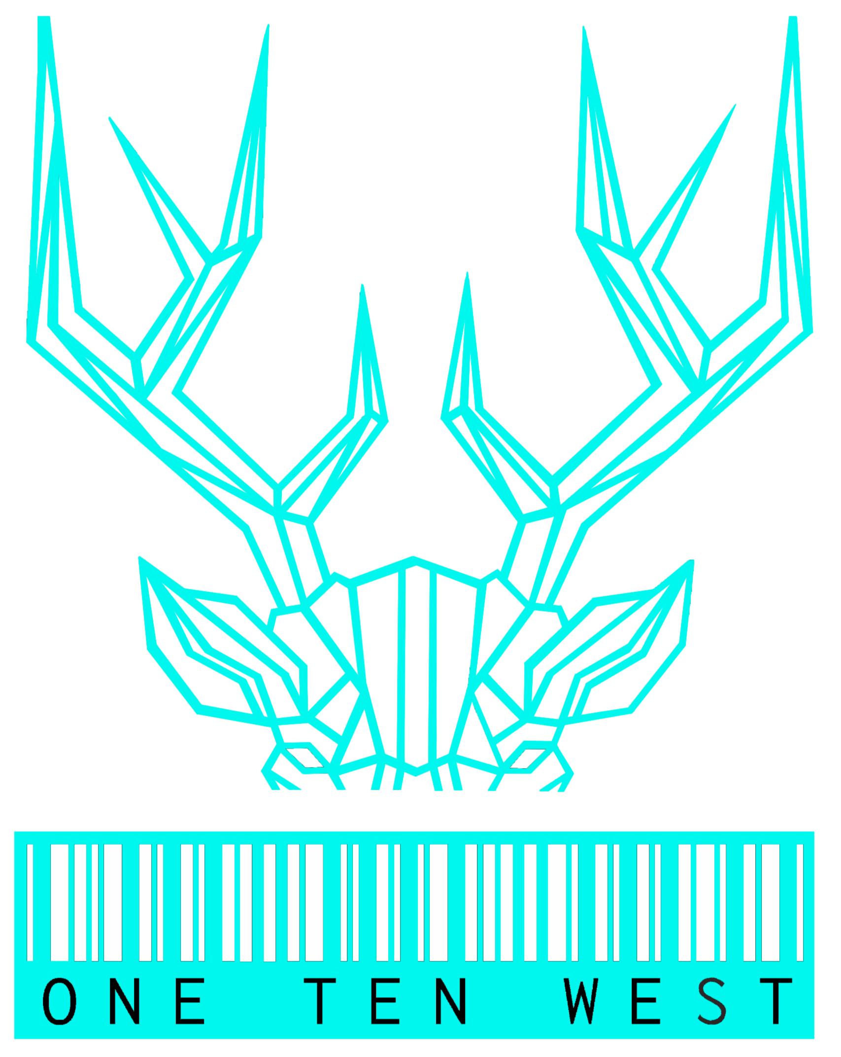 A stylized neon blue geometric deer head on a black background with a barcode and the words 'ONE TEN WEST' at the bottom.