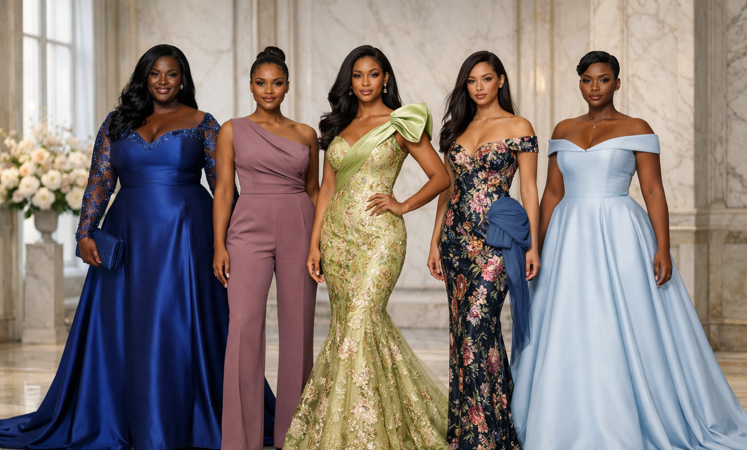 Six women in formal evening gowns standing together indoors with marble walls and flowers in the background.
