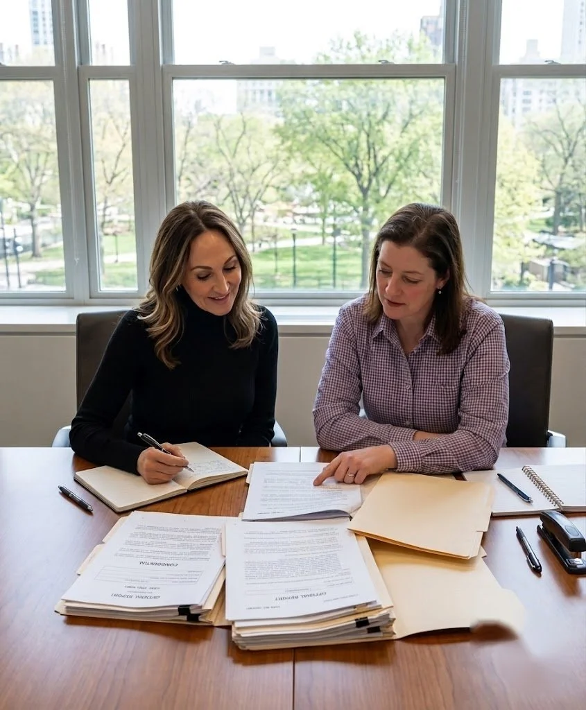 Workplace investigator reviewing case documents and evidence files