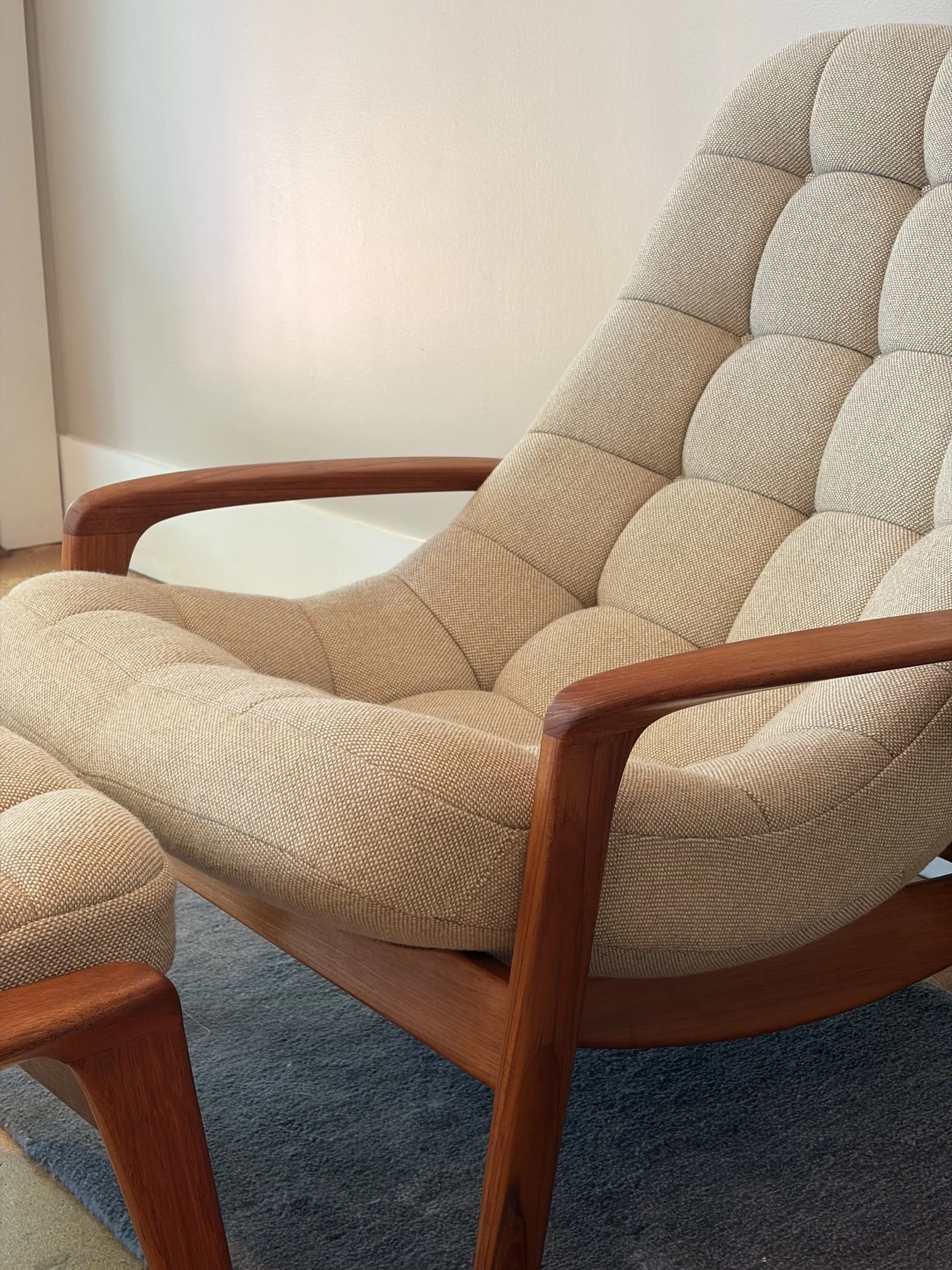 R. Huber Scoop Chair & Ottoman, Reupholstered with new foam