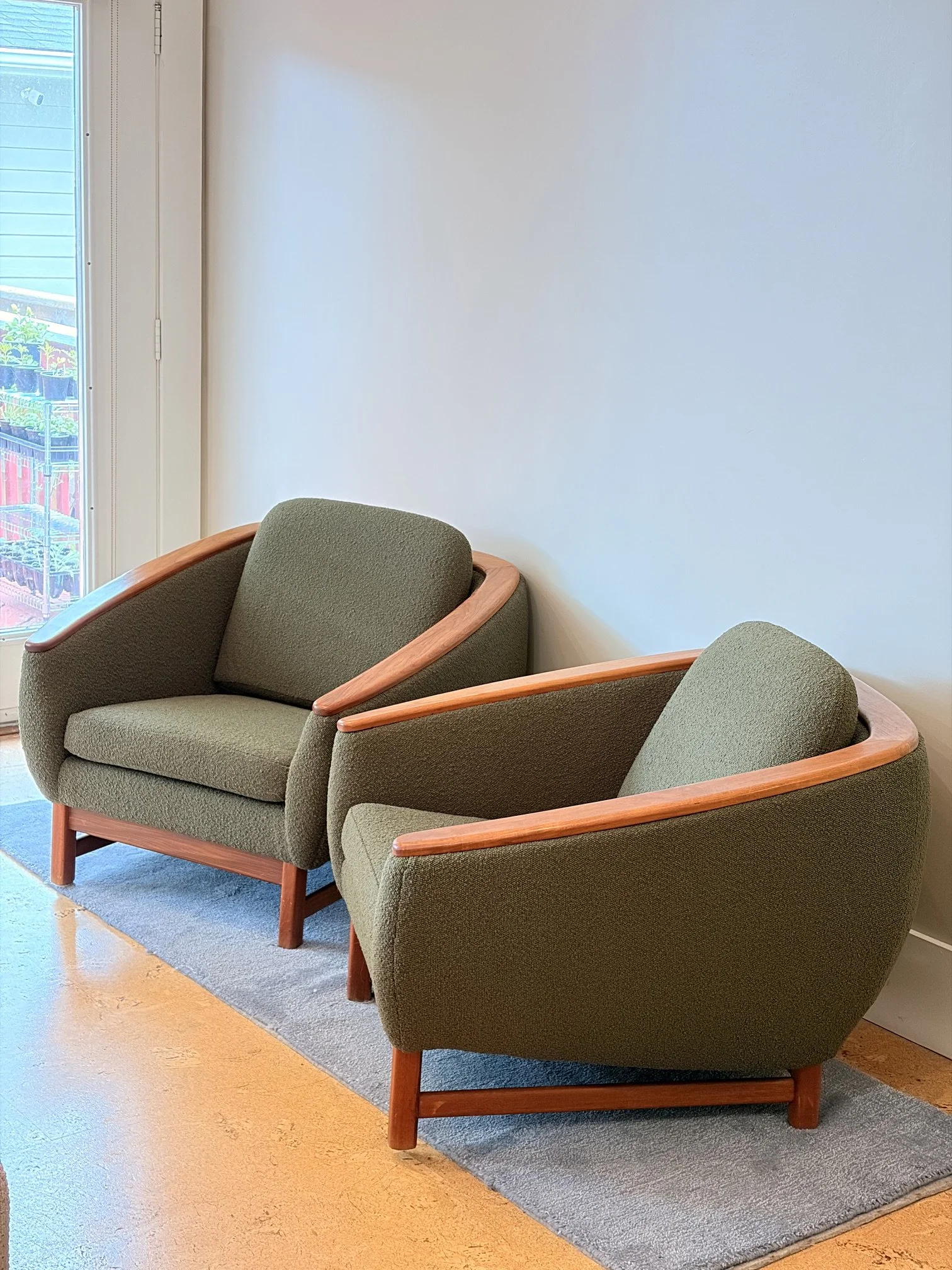 R. Huber Barrel Chairs, Reupholstered with a woven boucle, with all new foam