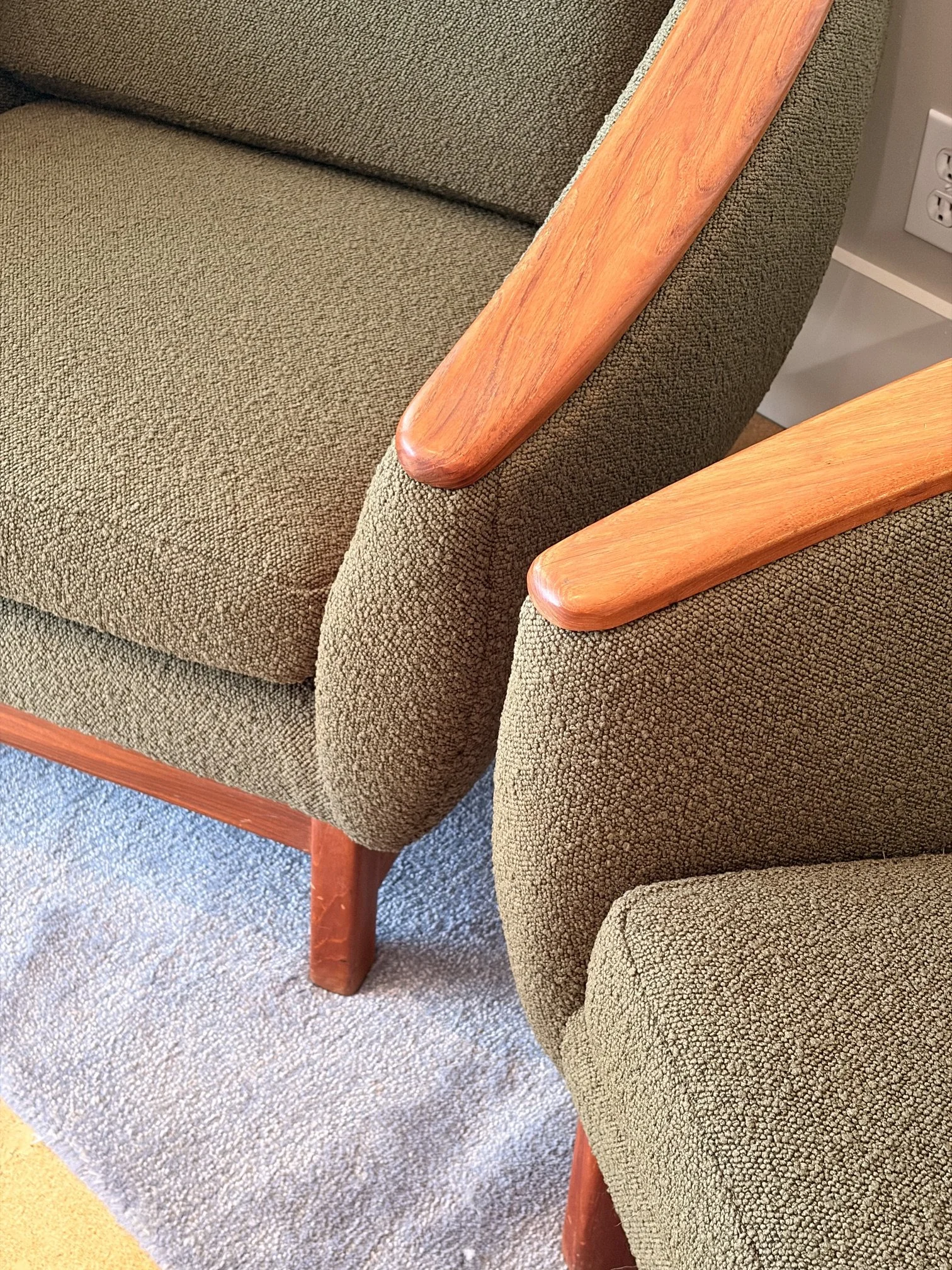 R. Huber Barrel Chairs, Reupholstered with a dark green boucle