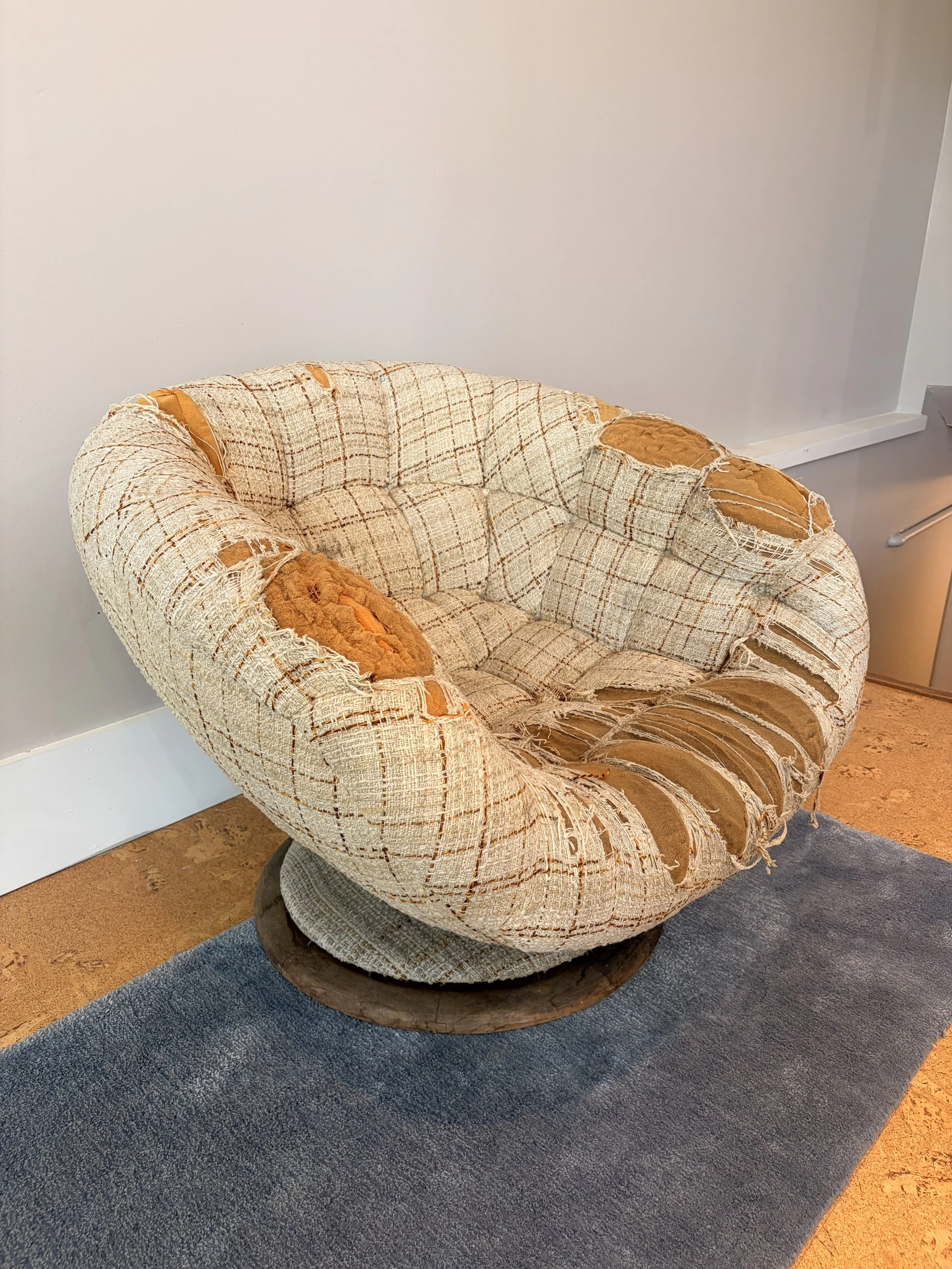 R. Huber Tub chair in need of new foam, fabric and teak work.
