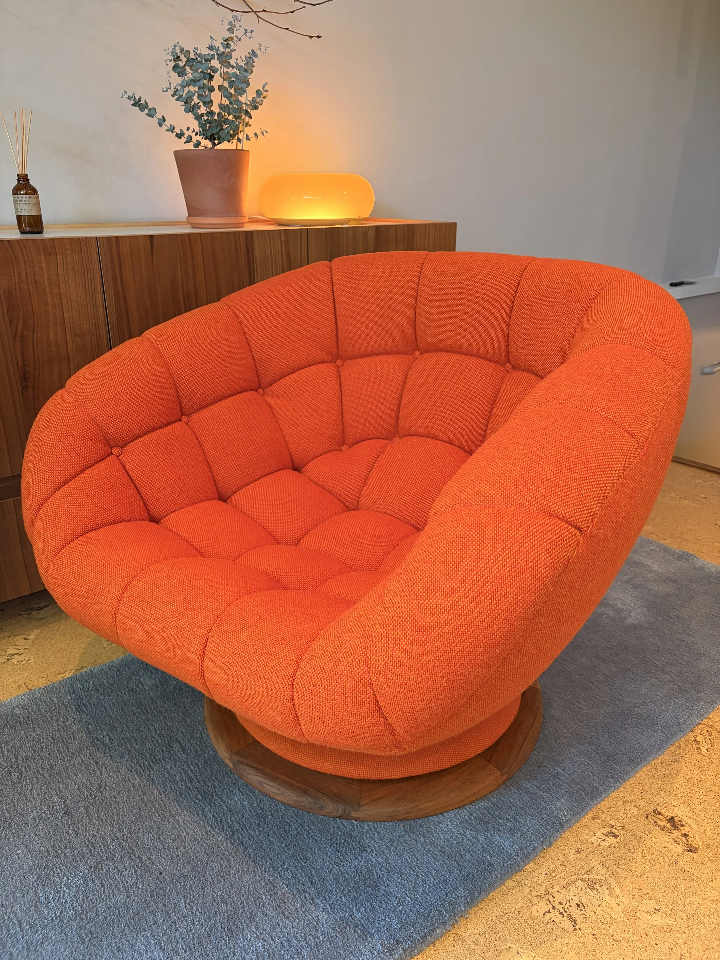 R. Huber Tub chair reupholstered with Kvadrat Hallingdal 65, in a bright orange fabric. All new foam and batting as well as refinished teak.
