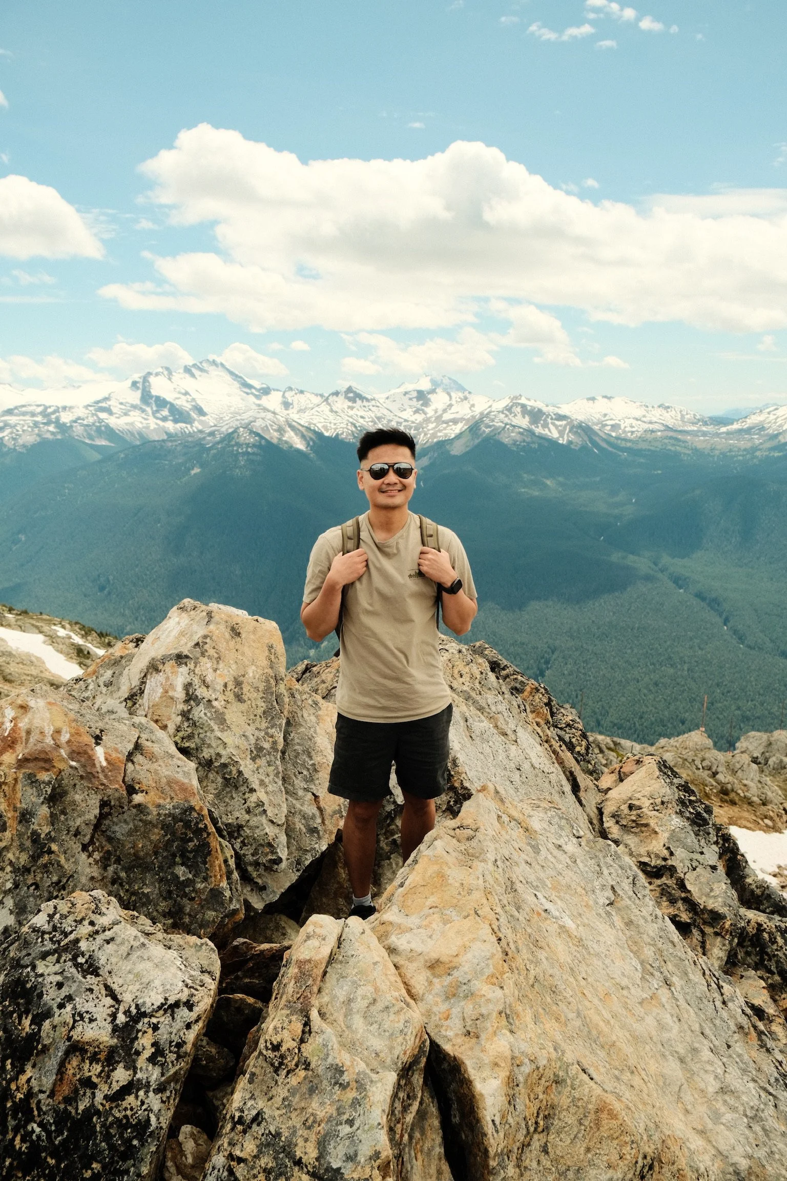 A man wearing sunglasses, a beige t-shirt, and black shorts, standing on large rocks with a mountainous landscape and snow-capped peaks in the background.