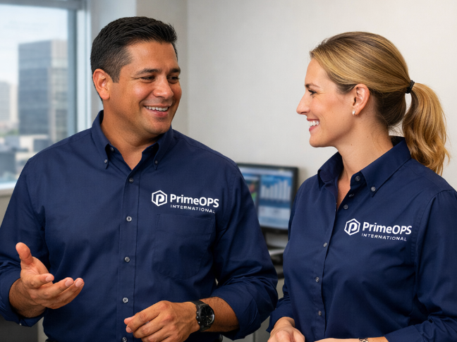 Dos personas de oficina sonriendo y conversando, vestidas con camisas azules con logo de PrimeOPS International, en un espacio de oficina moderno.