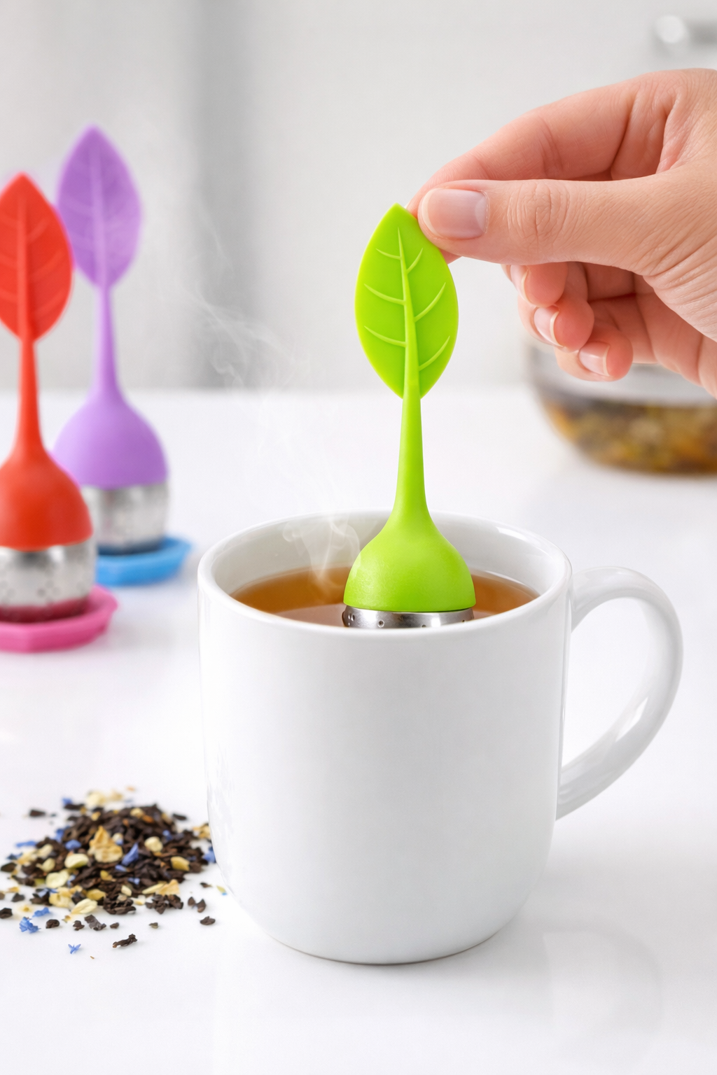 Good Vibes silicone tea steeper loose leaf tea infuser brewing in mug