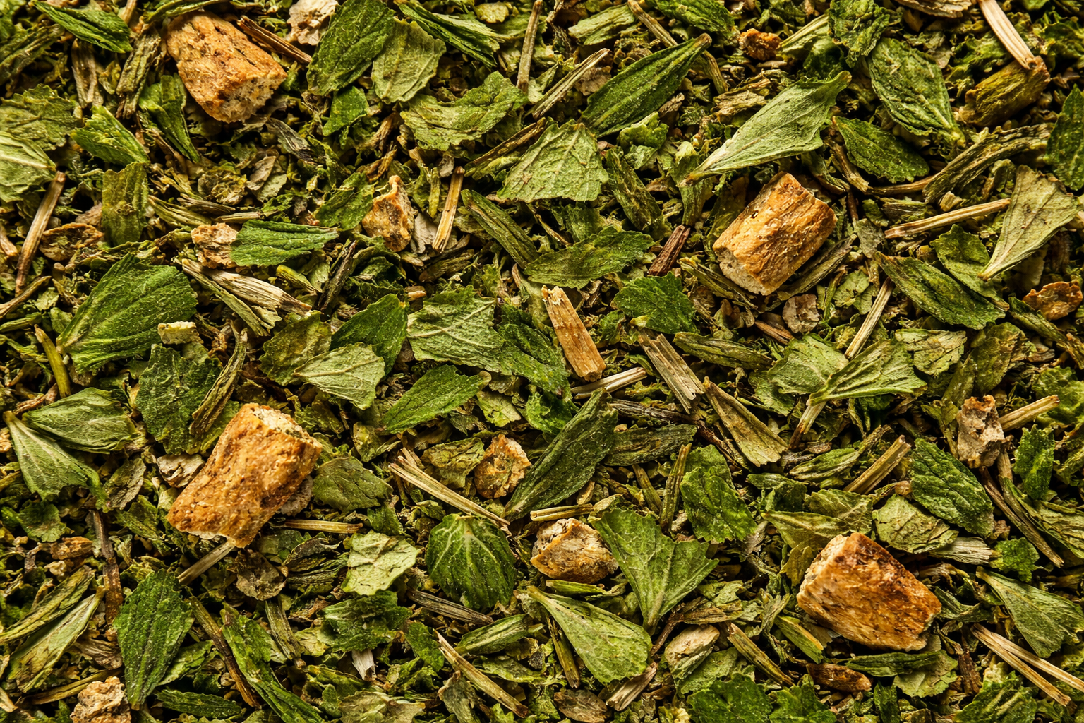 Licorice Mint herbal loose leaf tea blend showing dried mint and licorice root