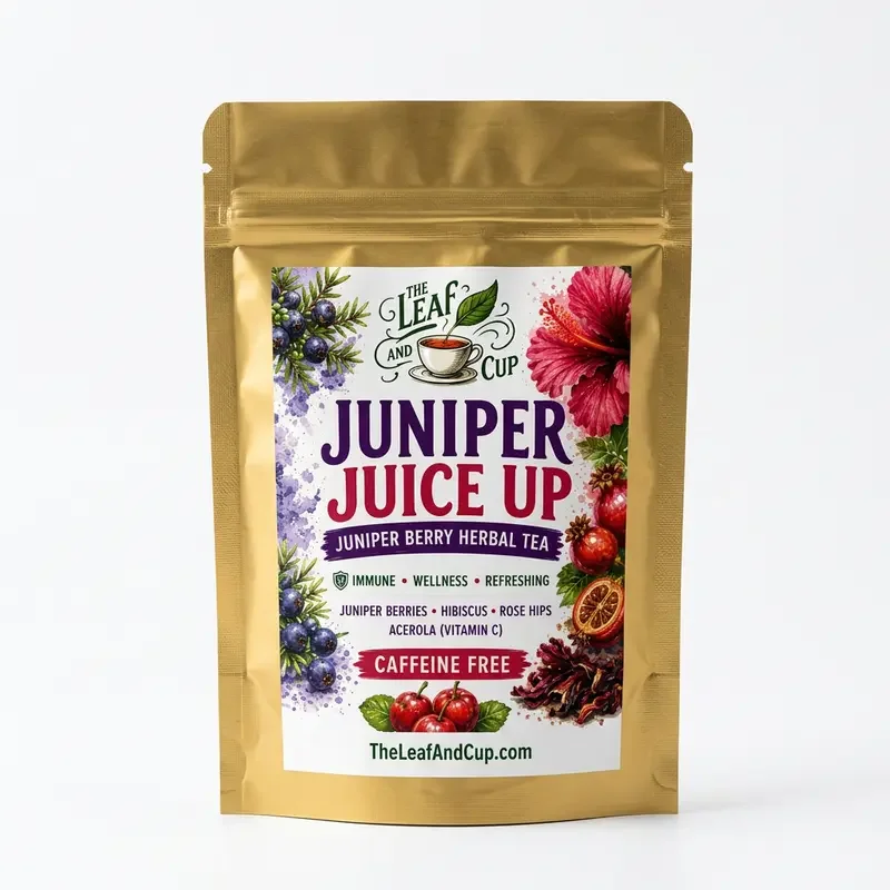 Juniper Juice Up herbal tea bag with juniper berries, hibiscus, and rose hips, The Leaf and Cup