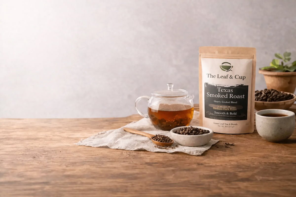 A table with loose leaf tea sitting near a tea pot
